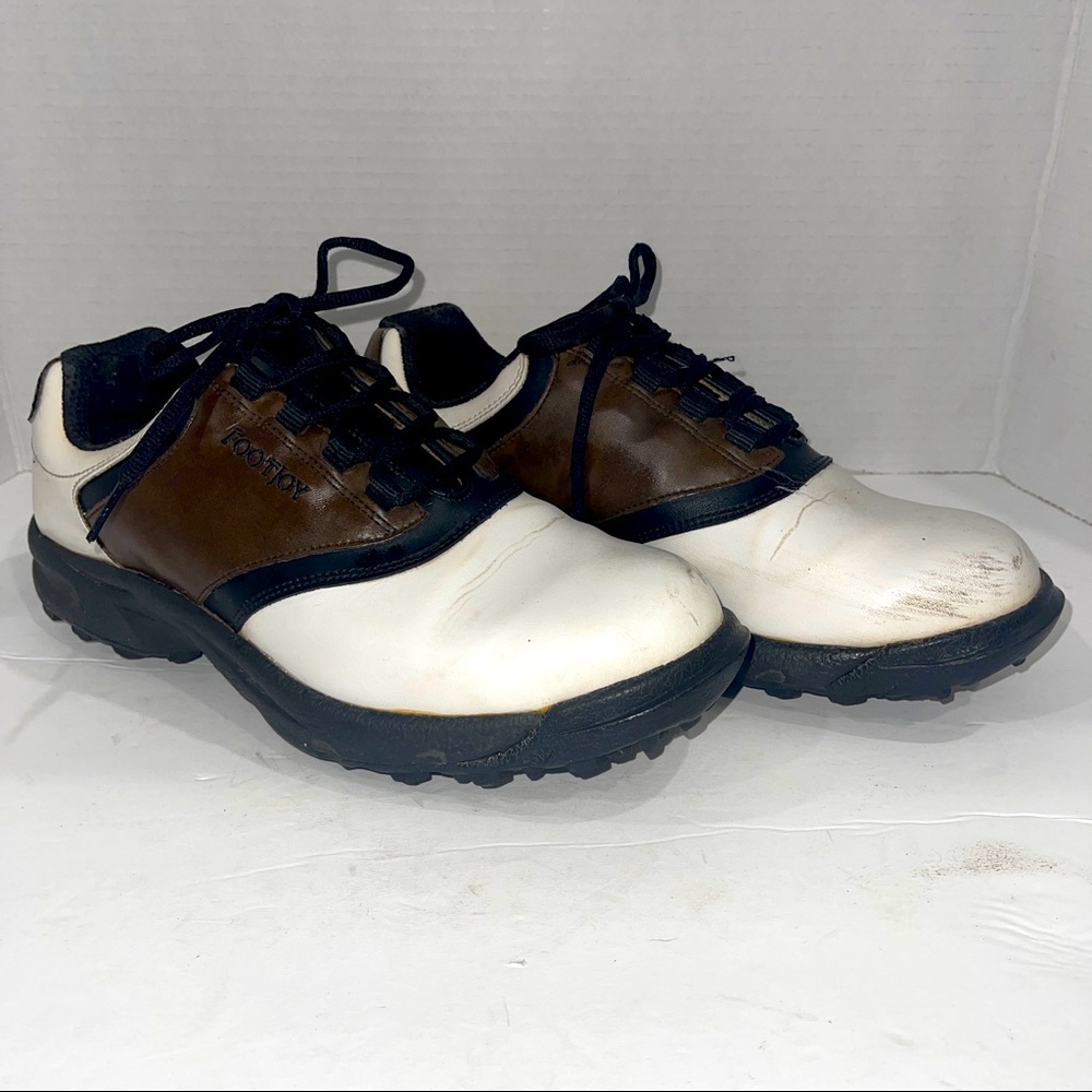 Footjoy Greenjoys Men's Golf Shoes White/Brown Synthetic Leather-Size 9 Wide